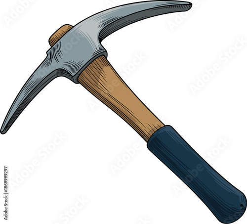 Vintage pickaxe tool for mining digging and excavation work antique hand tool with wooden handle pick axe equipment illustration for construction historical and geological projects outdoor adventure e