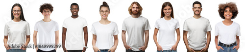 Diverse group of smiling people wearing white t-shirts standing in row