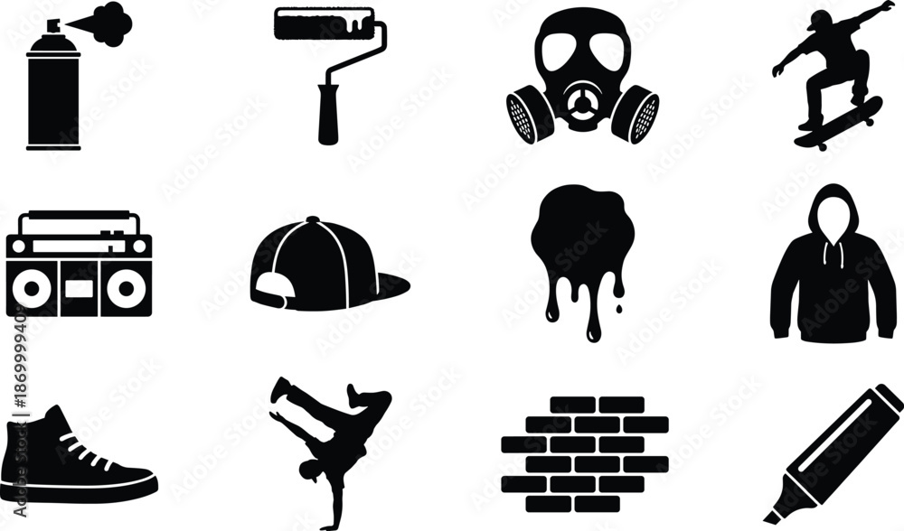 Fototapeta premium Urban Street Culture Silhouette Vector Icon Set, graffiti, skateboard, boombox, hoodie and hip hop design