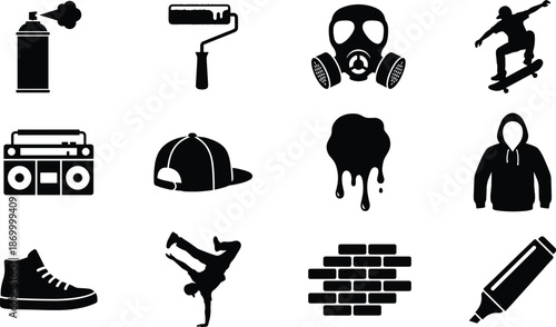Urban Street Culture Silhouette Vector Icon Set, graffiti, skateboard, boombox, hoodie and hip hop design