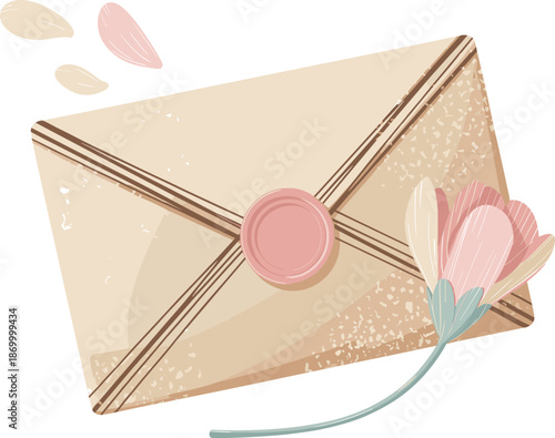 Elegant beige envelope with pink wax seal and flower illustration for greeting cards invitations stationery design romantic correspondence handmade paper craft projects wedding announcements personali