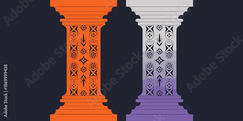 Ornate architectural columns vector illustration showcasing ancient building design in orange and purple gradient tones classical architecture background for historical presentations and art history e