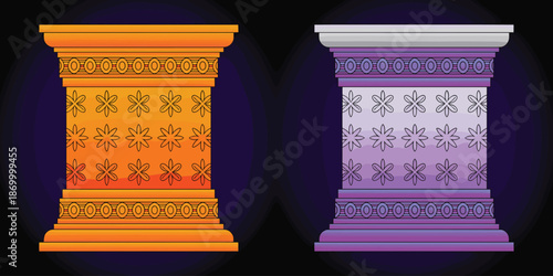 Elegant classical column illustration set with floral pattern design element in orange and purple gradient color scheme decorative architectural detail for building construction ancient history art an