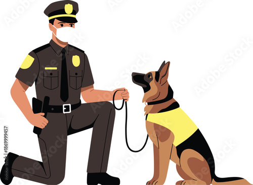 Dedicated police officer wearing mask kneeling with trained german shepherd dog in protective vest looking up law enforcement security canine unit illustration for public safety awareness campaigns an