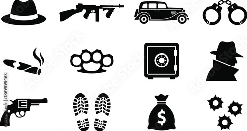 Gangster Crime and Mafia Silhouette Vector Icon Set, gun, car, handcuffs, money bag and noir detective icons