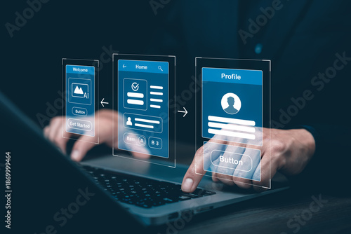 Digital mobile application UI UX design concept showing user interface screens, profile layout, navigation flow, interactive elements, and modern software development for digital products.