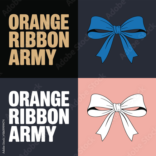Modern Orange Ribbon Army Campaign Graphic with Blue and White Bows Illustration for Awareness Support Causes Nonprofit Organizations Charitable Giving Advocacy Social Media Visuals and Creative Proje