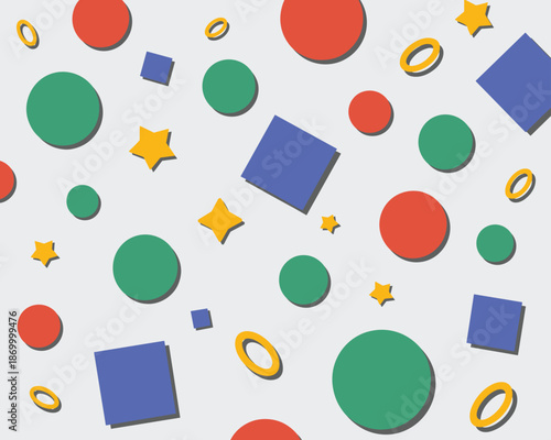 Colorful geometric shapes pattern background featuring vibrant circles squares stars rings design element for modern art projects playful designs creative backgrounds contemporary artwork seamless dig