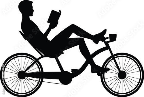 Recumbent bicycle silhouette of man reading book in relaxed pose enjoying leisure activity outdoor lifestyle concept for cycle culture blog illustration personal transportation eco-friendly commuting