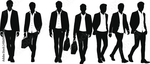 Black silhouettes of businessmen in various walking poses on white background various poses