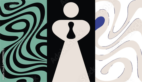 Abstract human figure with lock illustration in retro style with wavy patterns security concept for graphic design projects and presentations identity protection privacy solutions data safety artistic