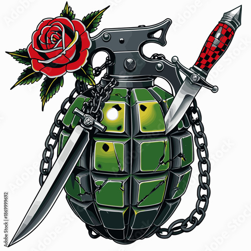 image of a grenade with a background of roses and a knife