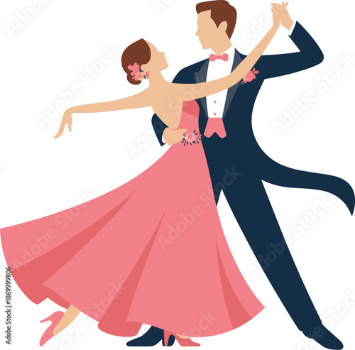 Elegant couple ballroom dancing in formal attire vector illustration romantic waltz dance performance together happy marriage celebration event modern graphic design for wedding invitations and annive