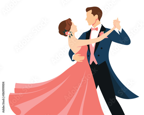 Elegant couple ballroom dancing in formal attire vector illustration romantic pose graceful dance partners performing waltz for wedding invitations anniversary celebrations love romance relationship c