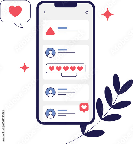 Smartphone social media app interface design vector illustration displaying comments likes and notifications for mobile marketing advertising presentation professional technology communication concept