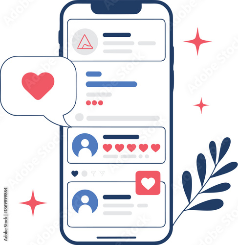 Modern smartphone social media app interface with heart like notification engaging online followers in flat vector style for digital marketing mobile technology user experience and social connection c
