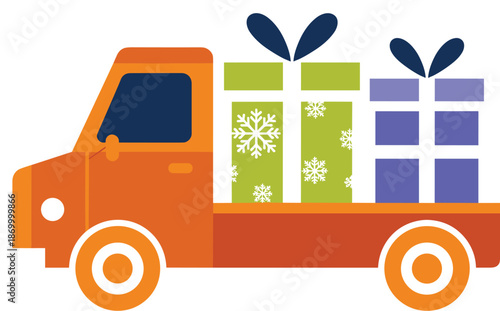 Festive orange delivery truck transporting wrapped Christmas gifts presents for holiday season vector illustration seasonal marketing promotional graphic for retail e-commerce shopping celebration eve