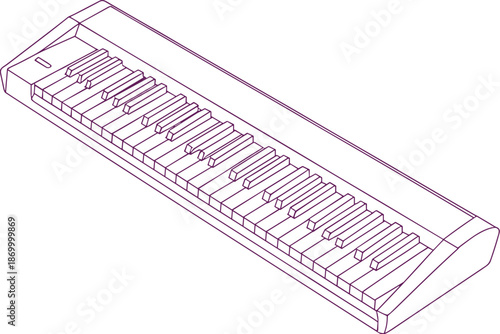 Purple line art keyboard synthesizer musical instrument illustration for music production technology electronic sound design studio equipment performance arts education creative projects and digital m