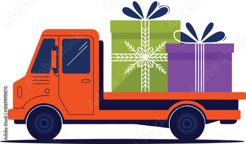 Delivery truck carrying Christmas presents for holiday season festive celebration gift boxes transportation service in vibrant colors for e-commerce advertising promotional marketing materials and sea