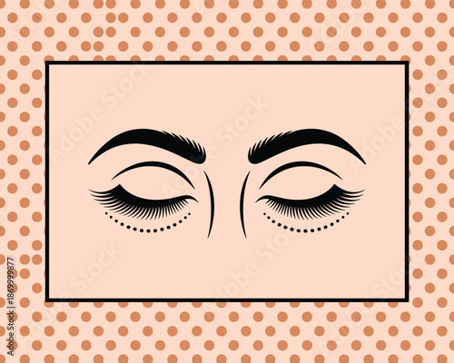 Elegant closed eyes with long eyelashes and eyebrows in black ink illustration for cosmetics beauty salon advertising fashion blog or website glamorous makeup design with dot pattern on peach backgrou