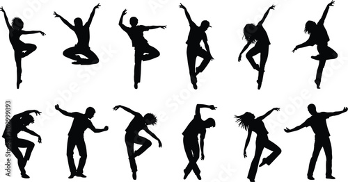 Black silhouettes of people dancing in various poses on white background dance