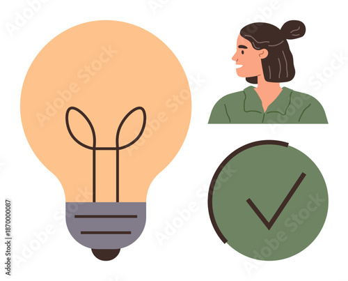 Innovation, ideas, decision-making, problem-solving, goal achievement, approval. A light bulb, a person looking sideways and a green checkmark. Innovation and decision-making concept