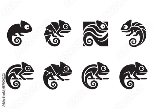Chameleon silhouette vector set featuring minimalist and abstract designs ideal for logo creation and modern graphics in black and white
