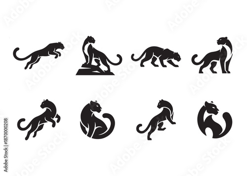 Black panther vector silhouettes in various stances suitable for logo creation or wildlife graphic designs that capture powerful wildlife essence
