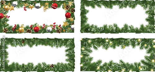 Christmas tree branch frames with ornaments and lights on white background
