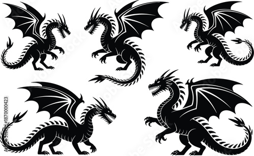 Detailed black dragon silhouettes collection vector illustration set legendary creatures in various poses mythical beasts for fantasy gaming art historical heraldry tattoo designs and medieval themed