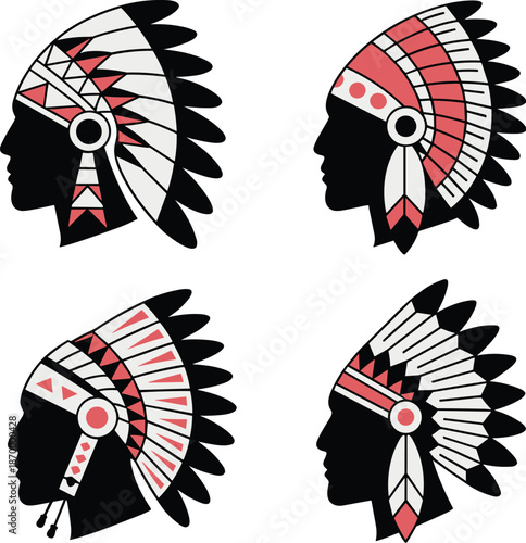 Native American Indian Chief Headdress Silhouette Vector Set Tribal Feather Warbonnet Warrior Icon Graphic Culture Illustration Indigenous Heritage Symbol Decoration for History Education Art Print an