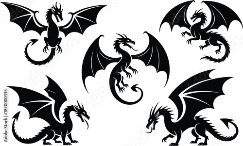 Majestic dragon silhouettes illustration set mythical creature fantasy art collection powerful winged beasts flying in different poses for tattoo designs gaming concept logo elements and creative grap