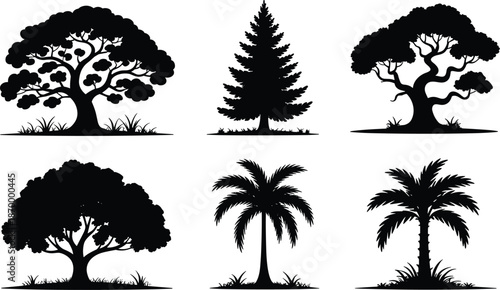 Collection of diverse tree silhouettes vector illustration featuring deciduous oak pine and palm trees isolated on white background for nature conservation landscaping forestry botanical studies ecolo