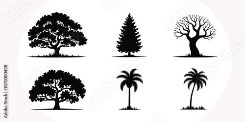 Diverse tree silhouettes collection isolated on white background featuring oak pine palm and bare trees for nature conservation forestry landscaping logo design park and garden concepts environmental