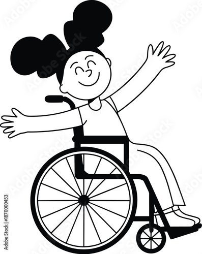 Cartoon girl in wheelchair smiling with arms raised vector illustration of happy child with disability for inclusive education and accessibility awareness in healthcare and therapy materials promoting
