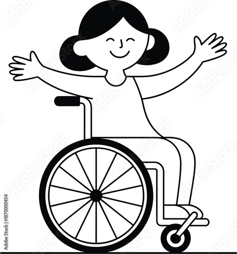 Happy young woman in wheelchair smiling with arms outstretched in joyful celebration of life accessibility and inclusion for disabled people minimalist line art vector illustration for healthcare and
