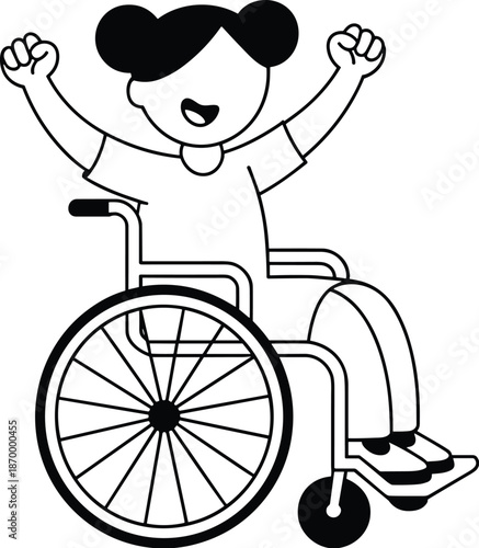 Happy cartoon girl in wheelchair raising arms celebrating success disability inclusion concept cheerful disabled child character illustration for healthcare accessibility awareness campaigns inclusive