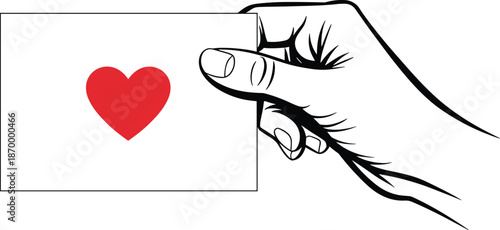Hand holding Valentine card with big red heart design for romantic message of love and affection in minimalist vector illustration style for wedding invitation anniversary greeting card or dating app