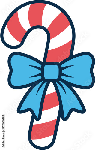 Festive candy cane with blue bow isolated on white background for xmas holiday season greetings cards and christmas celebration seasonal promotional banner vector graphic illustration sweet treat desi