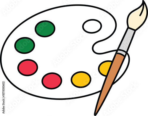 Vibrant cartoon paint palette with paintbrush creating colorful art design illustration for creative projects graphic design artistic expression painting and drawing hobby education art supplies stati