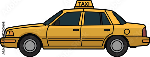 Cartoon yellow taxi cab illustration driving on white background for ride sharing service mobile app advertising transportation vehicle design urban transportation graphic resource city travel concept
