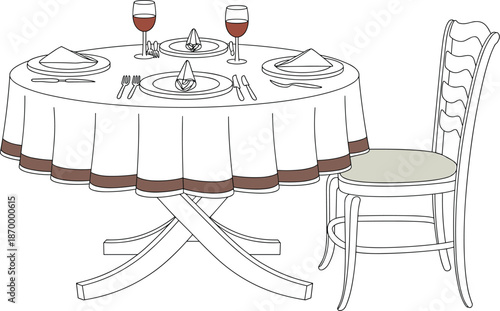 Elegant restaurant table setting with wine glasses in dining room vector illustration for catering business event preparation fine dining experience culinary arts presentation hospitality industry cel