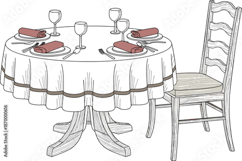 Elegant round dining table illustration with white tablecloth setting for four guests with wine glasses and folded napkins in restaurant or home interior design showcasing formal dinner party preparat