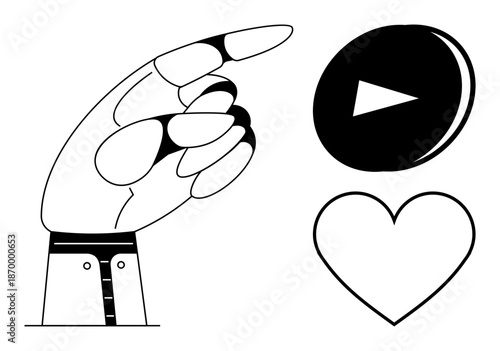 Media interaction, engagement, social connections, digital content, user action, navigation interface. A hand points to a play button, next to a heart symbol. Media interaction and engagement concept