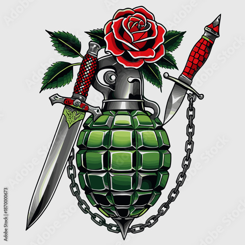 image of a grenade with a background of roses and a knife