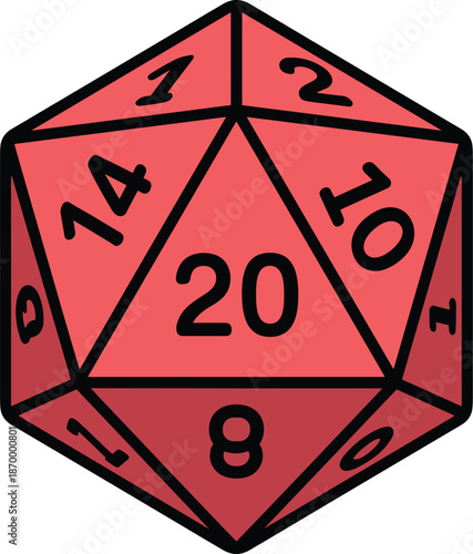 Vibrant red 20 sided dice for role playing games showing math and probability in a fun educational learning tool for teachers and students to use in presentations for schools and universities for geek