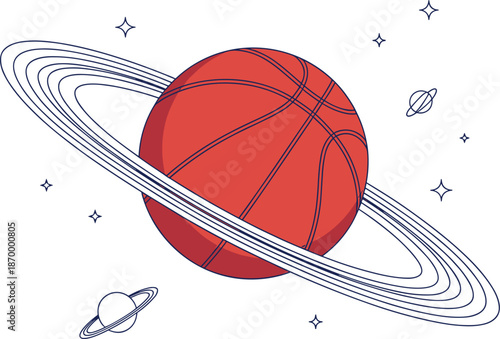 Basketball planet orbiting in space with stars cosmic sports themed illustration basketball concept for advertising athletic team logo design graphic element for posters and social media marketing in