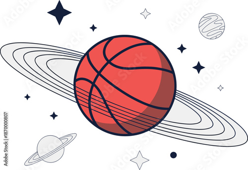 Creative basketball planet in cosmic space with stars orbiting futuristic sports concept digital artwork for modern graphic design projects team logo designs or youth sports league posters and social