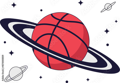 Red basketball planet orbiting in space galaxy with stars cosmic sports equipment vector illustration for kids educational materials team logo branding graphic design astronomical science and futurist