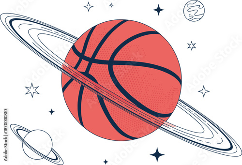 Creative basketball planet with rings floating in space surrounded by stars cosmic sports concept vibrant graphic illustration for advertising marketing materials team design creative projects space e